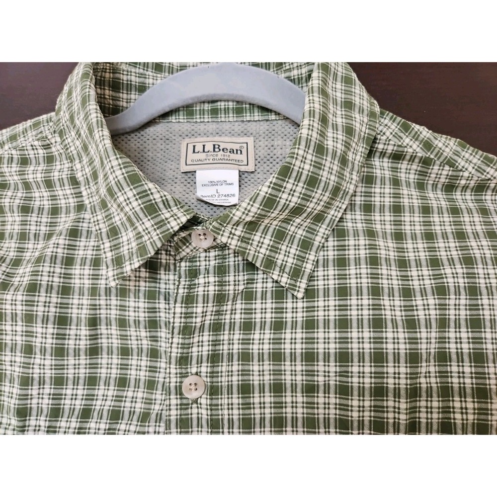 LL Bean Shirt Mens Large Plaid Tab Sleeve Nylon Performance Outdoor
